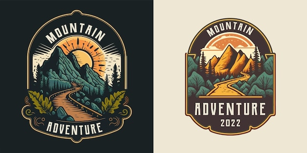 トレッキング アドベンチャー ハイキング ヴィンテージ山岳探検家のロゴ コレクション