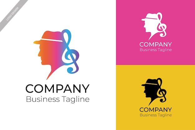 Vector logo colorful musical note man wearing hat company brand business set