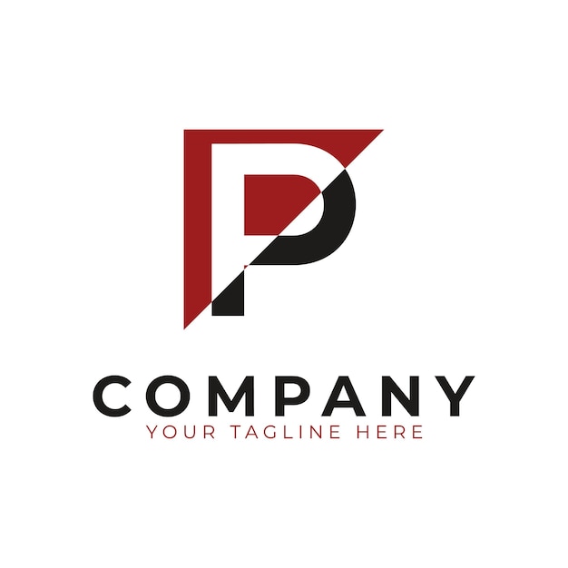 Logo combineert driehoek en letter P Zwart en rood geometrisch huissymbool gekoppeld aan uitgesneden stijl