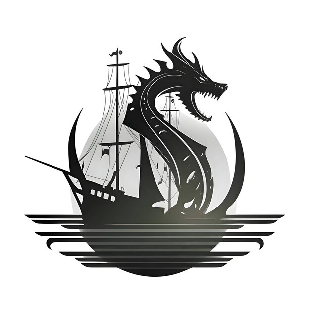 Vettore concetto di logo dragon ship bianco e nero