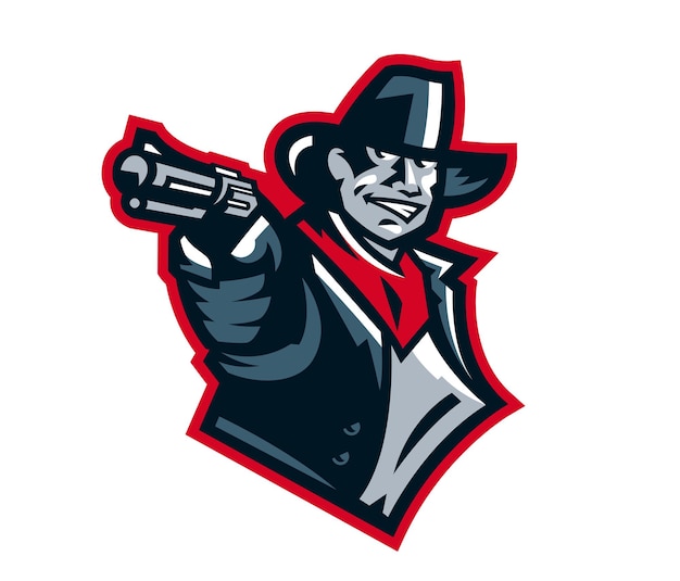 Logo cowboy che spara da un revolver banditi del selvaggio west sceriffo crimine emblema adesivo mascotte illustrazione vettoriale dell'identità sportiva