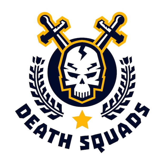 Logo death squad Human skull and cross swords Wreaths The emblem on the Middle Ages and the war Vector illustration Flat style