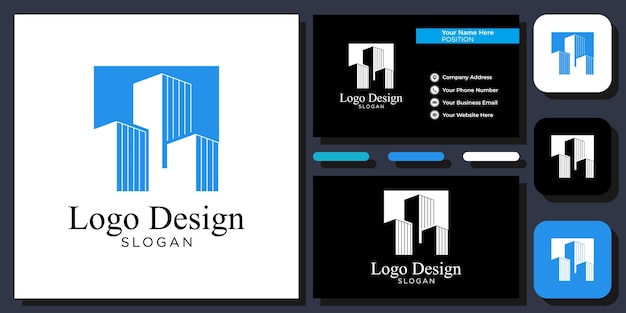 Дизайн логотипа здания небоскреб высокий синий архитектура иллюстрация с шаблоном визитной карточки