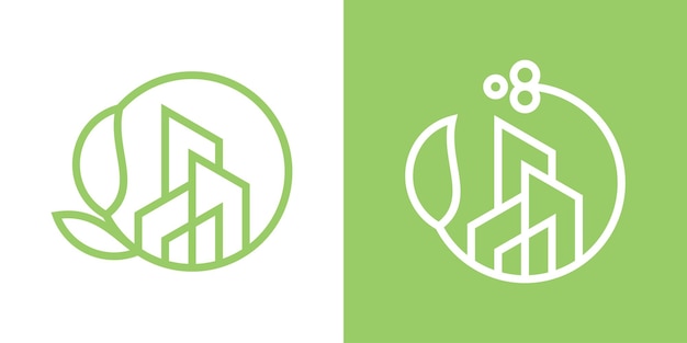 Logo design city greeningbuilding e foglie logo design icona illustrazione vettoriale