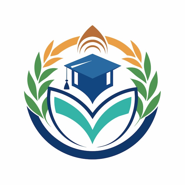 教育と成長を象徴する葉に囲まれたモルタルキャップをフィーチャーした大学ロゴデザイン教育コンサルティング会社のためにクリーンでミニマリストのロゴを作成します