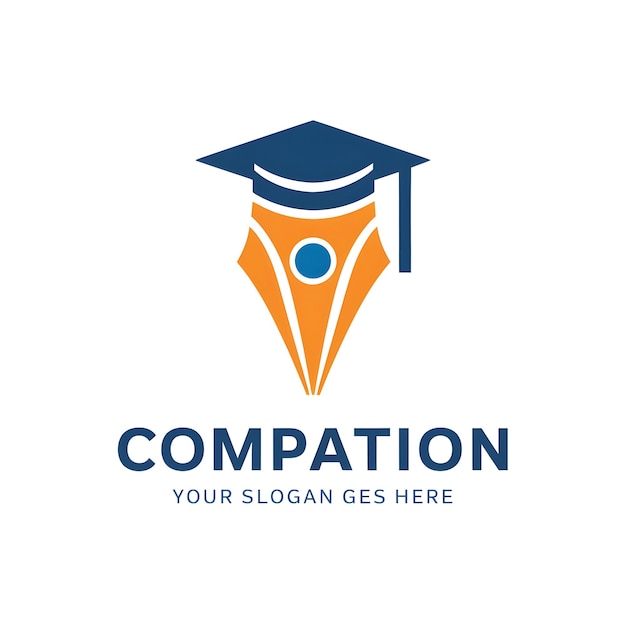 A logo design featuring a stylized combination of an ink pen nib and a graduation cap