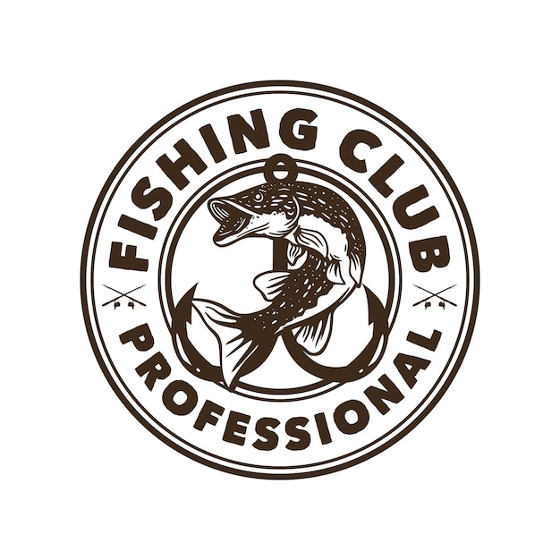 Logo design fishing club professional black and white with northern pike fish vintage illustration