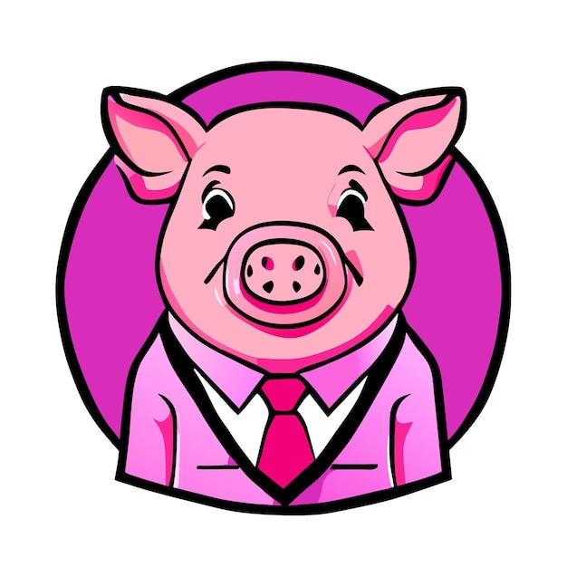 logo Design happy cut Pig in a pink colored business suite vector illustration cartoon
