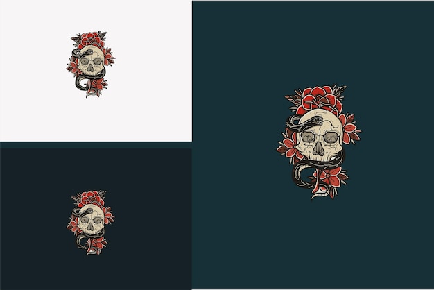 Logo design of head skull and red rose vector