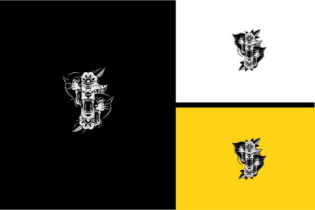 Design del logo della tigre testa arrabbiata e vettore di fiori in bianco e nero