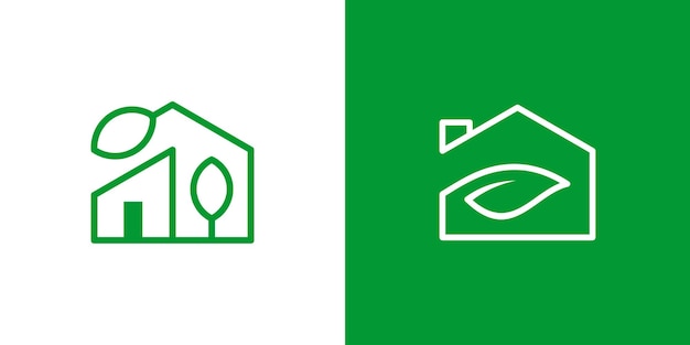 Дизайн логотипа дома и значок линии листа иллюстрации