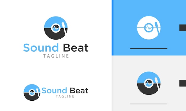 Vector logo design icon of spinning circle dj cd disk vinyl with pulse beat outline health care monitor