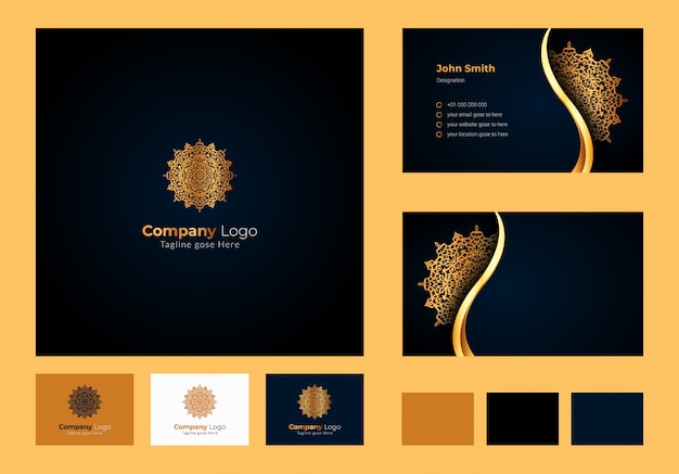 ロゴデザインのインスピレーション、豪華な円形花曼荼羅、装飾用ロゴ付きの豪華な名刺デザイン