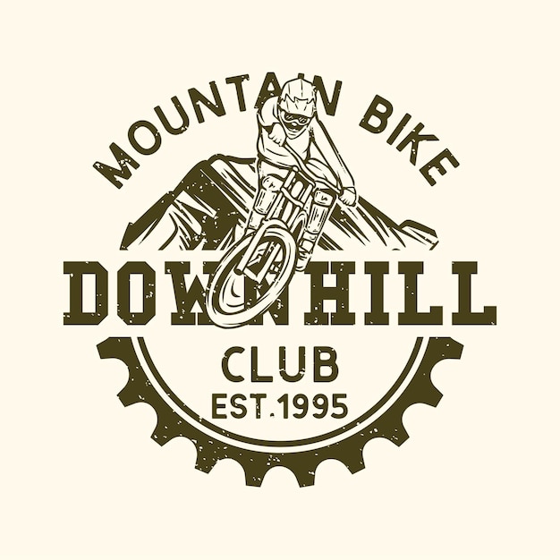 Вектор Дизайн логотипа mountain bike downhill club est 1995 с винтажной иллюстрацией маунтинбайкера