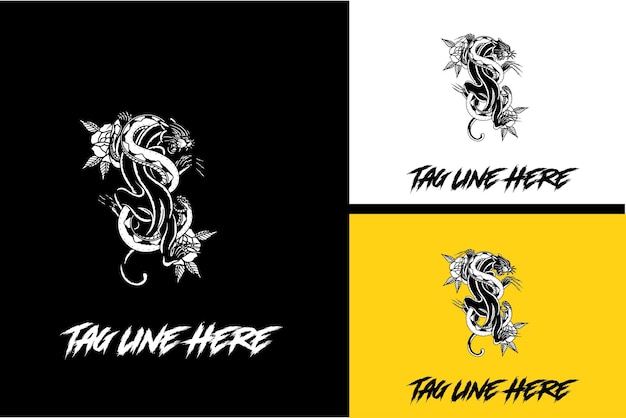 パンサーとヘビのベクトルの黒と白のロゴデザイン