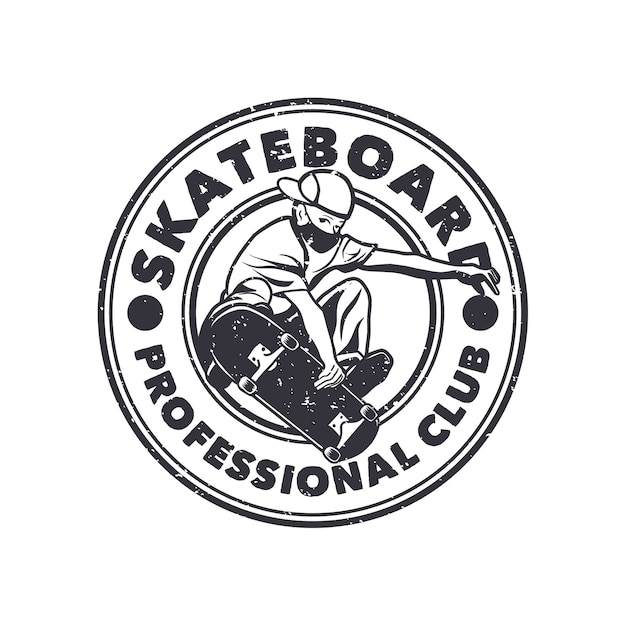 Logo design skateboard professional club with man playing skateboard black and white vintage illustration