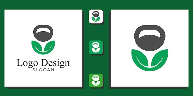 Logo design simbolo combinazione kettlebell foglia nutrizione sano verde fitness con modello di app