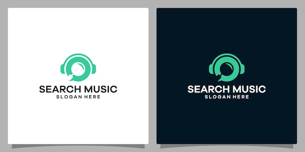 Logo design template music logo headphone with magnifying glass vector design premium vector