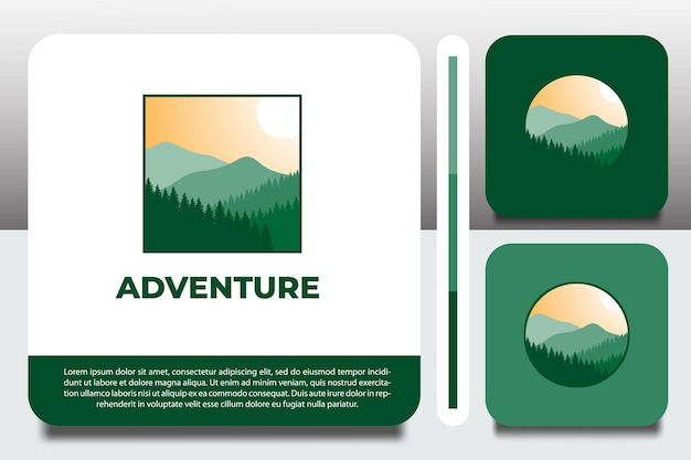 logo design template with scenery and mountain icon with business card design