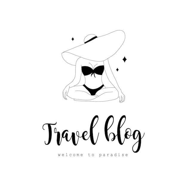 Logo design for travel blog or tour agency Contemporary minimalist woman in black swimsuit Hand drawn vector illustration in line art style