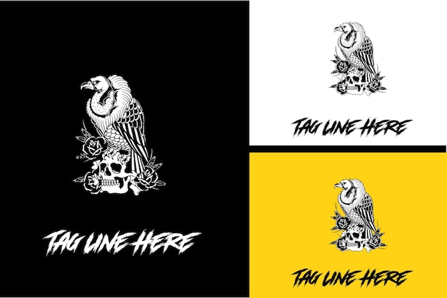 Disegno del logo dell'avvoltoio e del vettore del cranio della testa in bianco e nero