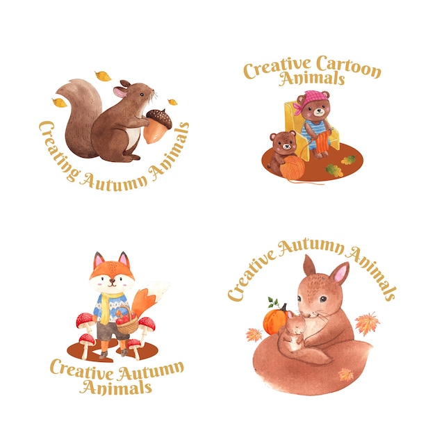 Logo design with autumn animal in watercolor style