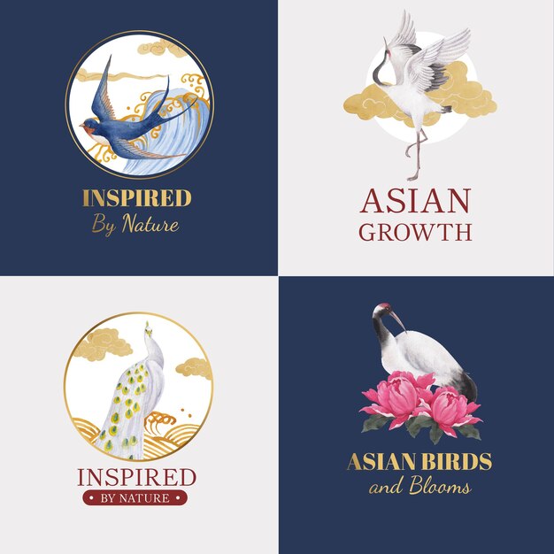 Logo design with bird and chinese flower concept,watercolor style