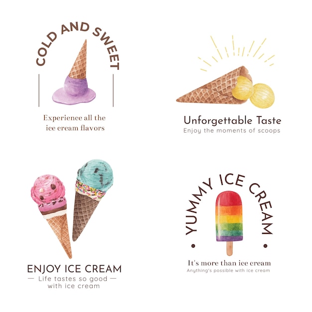 Logo design con concetto di sapore di gelato, stile acquerello