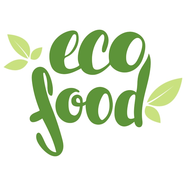 Logo eco cibo con foglie, prodotto naturale, cibo biologico e sano. distintivo di cibo biologico in vettoriale (cosmetico, cibo). scritte eco cibo