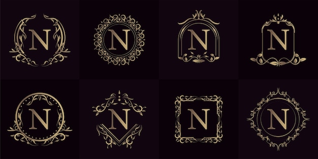 Logo eerste n met luxe ornament of bloem frame, collectie instellen.