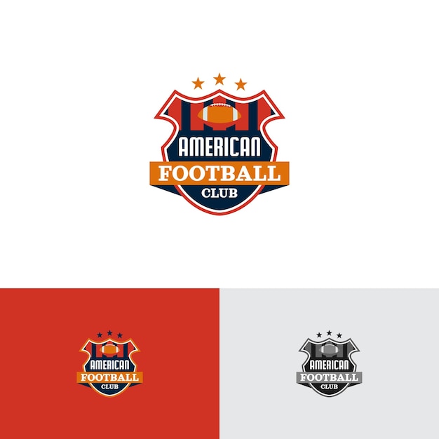 Vector logo emblem american football striped badge with ball and stars blue red orange