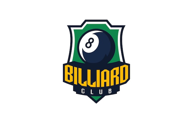 Logo emblema del biliardo emblema colorato della palla numero 8 sullo sfondo dello scudo modello logo club sportivo badge icona palla illustrazione vettoriale isolato su sfondo bianco