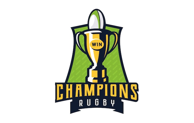 Vector logo emblem of rugby champions colorful emblem of the cup with the ball on the background of the shield rugby champions logo template championship winners league cup winners vector illustration