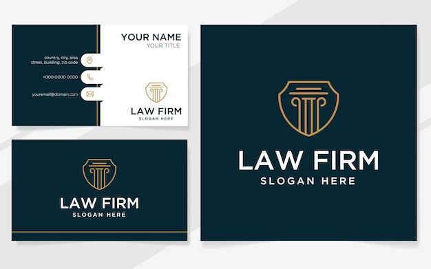 Logo en schild van advocatenkantoor geschikt voor advocatenrechtbank of advocatenkantoor met sjabloon voor visitekaartjes