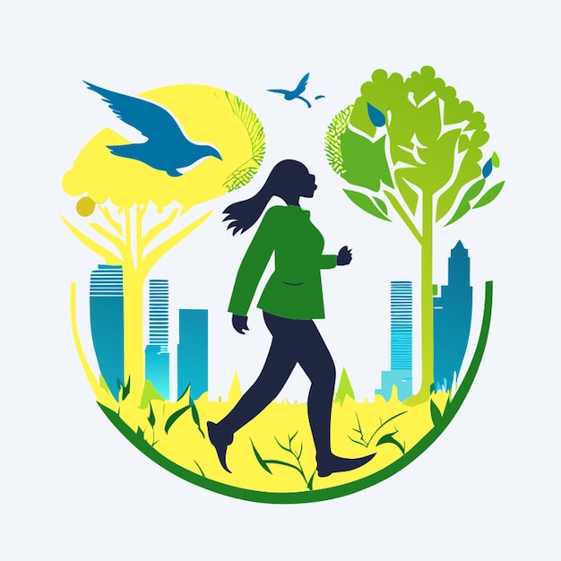 a logo for an environmentally conscious company of a person walking trees birds there is a city