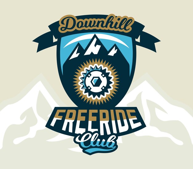 Logo fiets tandwiel het embleem van de onderdelen fiets en uitzicht op de bergen Extreme sport Freeride downhill crosscountry Badges schild belettering vectorillustratie