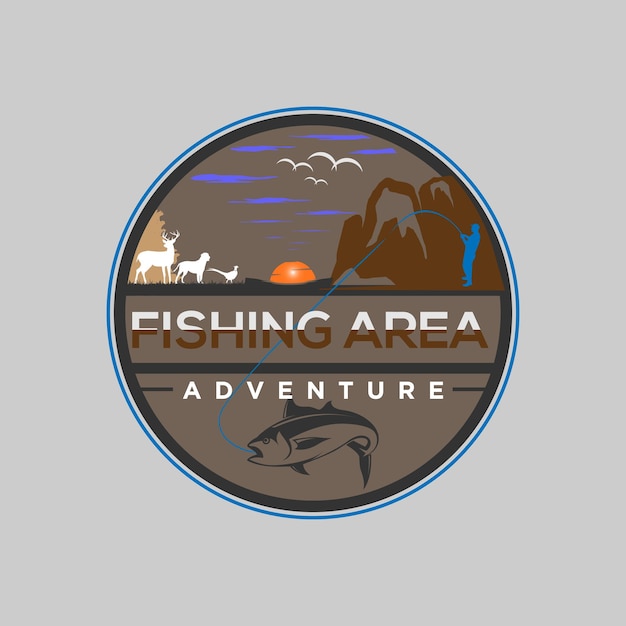 Logo for fishing area adventure with a mountain and fishing in the background