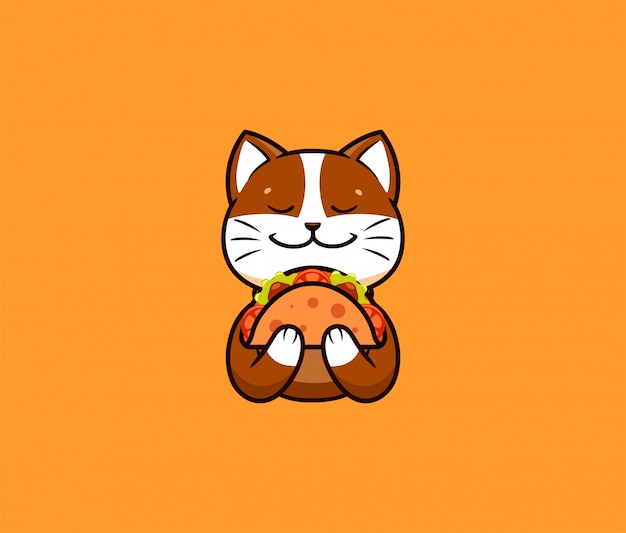 The logo funny cat eats taco. Cute animal, cartoon character, food logotype