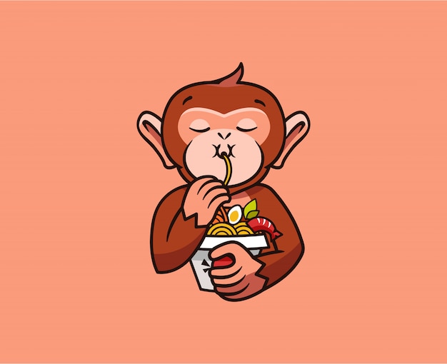 The logo funny monkey eats noodles. Food logotype, cute animal macaque