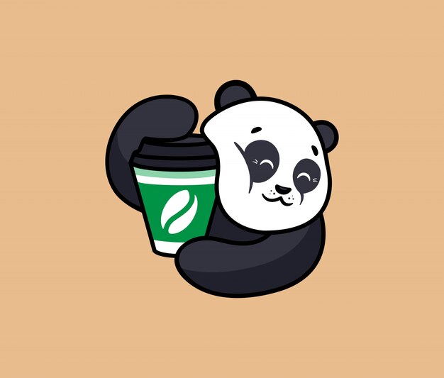 The logo funny panda with coffee. Food logotype, cute animal