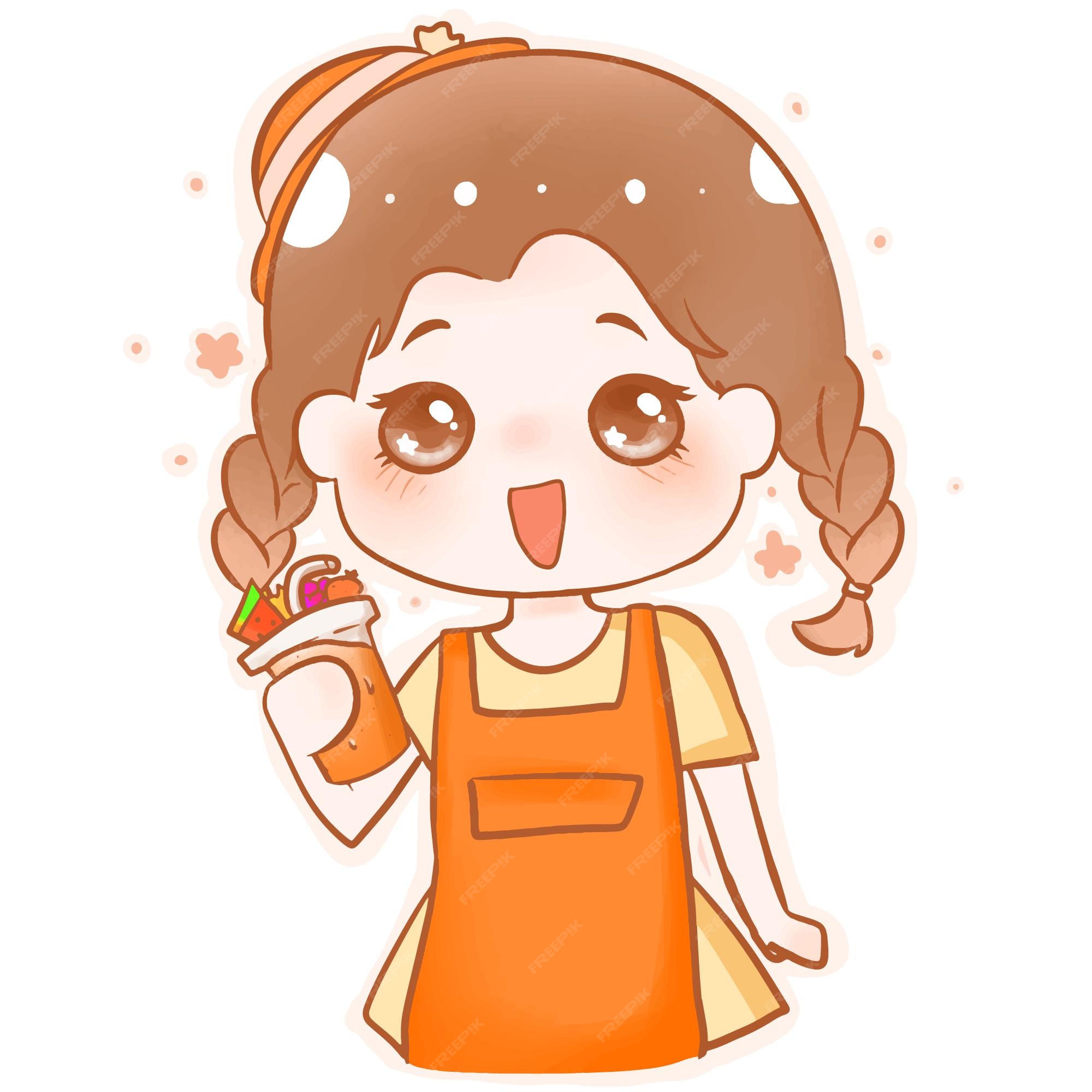 Premium Vector | Logo girl drink orange juice chibi
