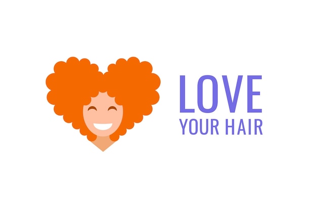 Vector logo girl with curly hair in the shape of a heart lettering love your hair