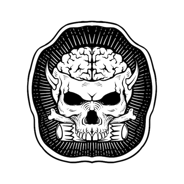 黒と白の骨の線画で頭脳を描いたロゴ手描きの頭蓋骨