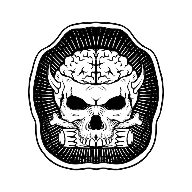 Vector logo hand drawn skull braind  with bone line art black and white