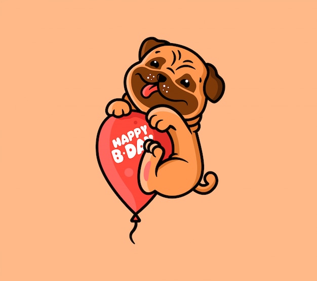 Il logo happy birthday con cane e palloncino. logotipo con pug divertente e frase scritta.