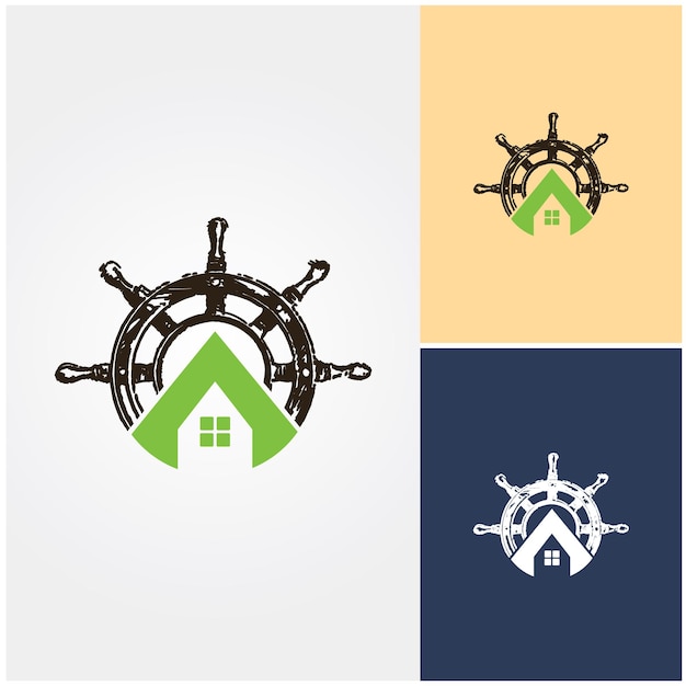 家と船の舵輪のロゴ。
