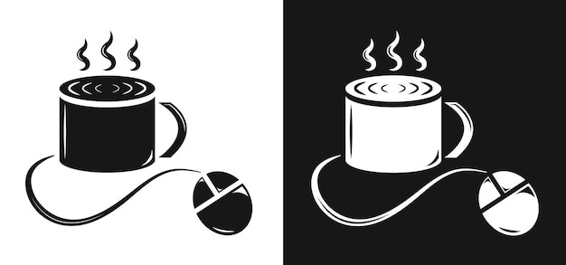 Icona del logo simbolo della tazza di caffè con il mouse, illustrazione vettoriale dell'icona del logo della tazza con il computer