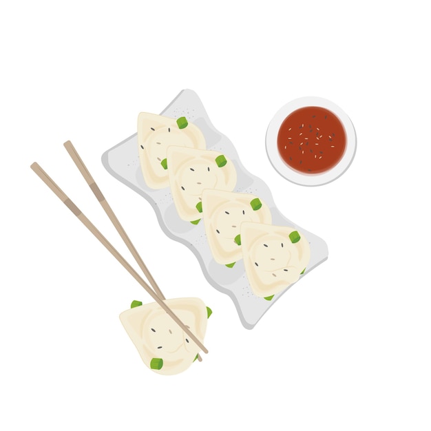 Logo Illustratie van Szechuan Wonton Dumplings op een bord met saus