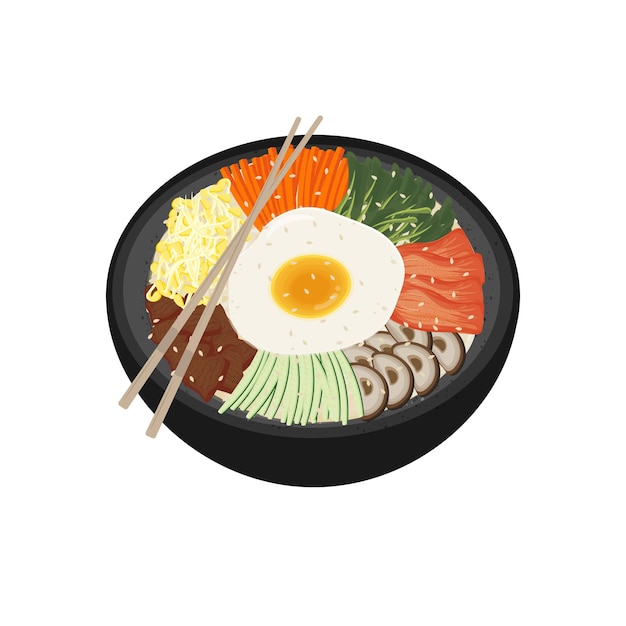 Vettore illustrazione del logo del bibimbap mangiato con le bacchette