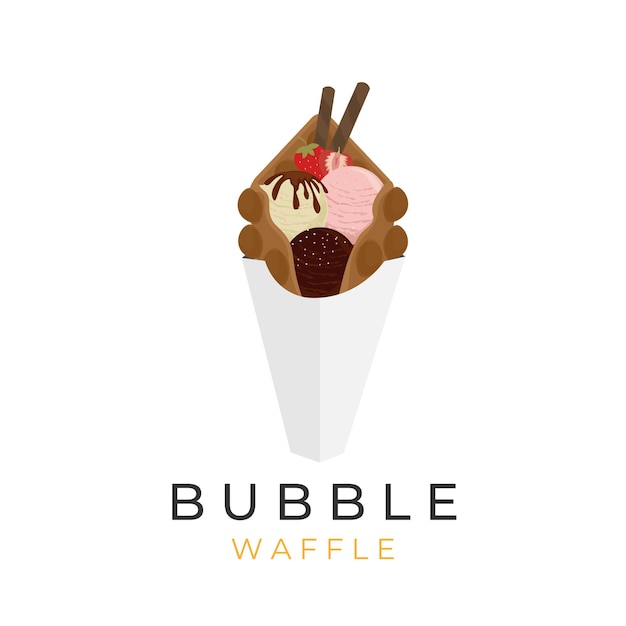 Logo illustration egg waffle ice cream chocolate vanilla and strawberry with fruit topping and wafer